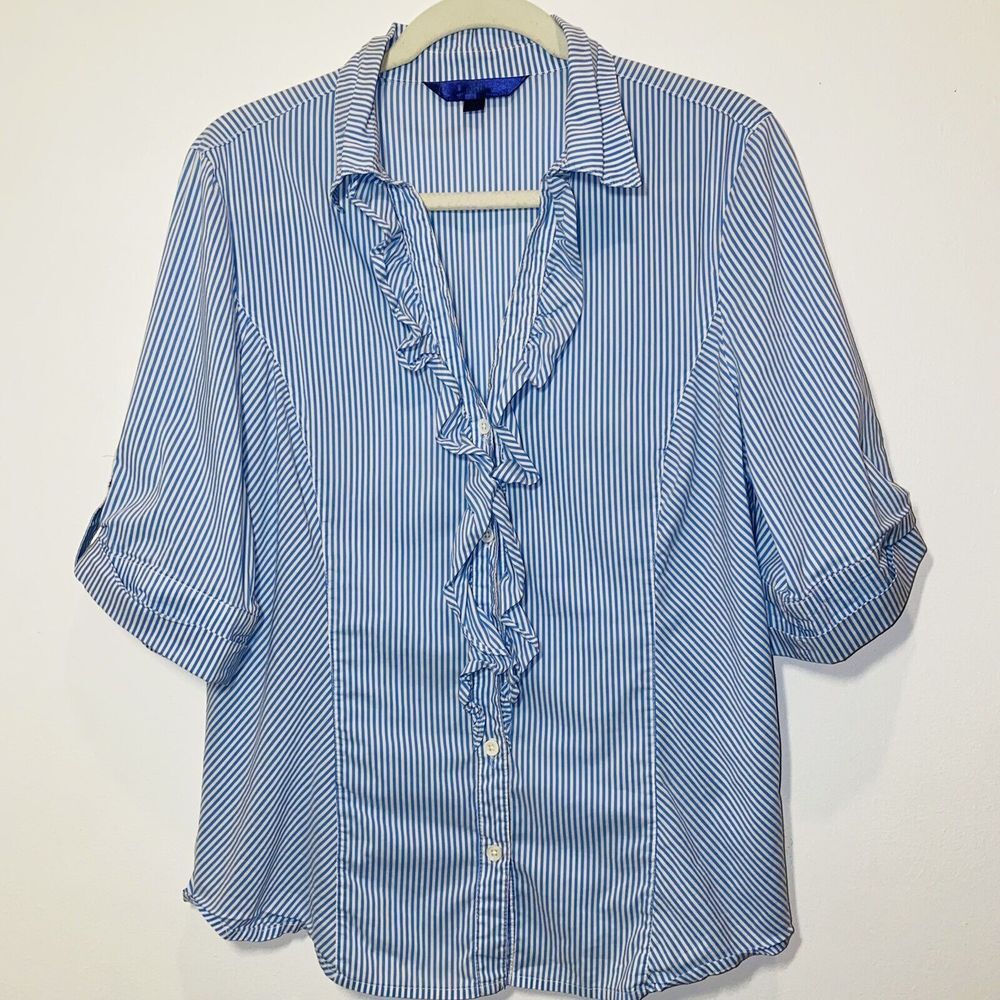 NYDJ Women’s Size Medium Top V-Neck Ruffle 3/4 Sleeve Blue White Stripe Blouse